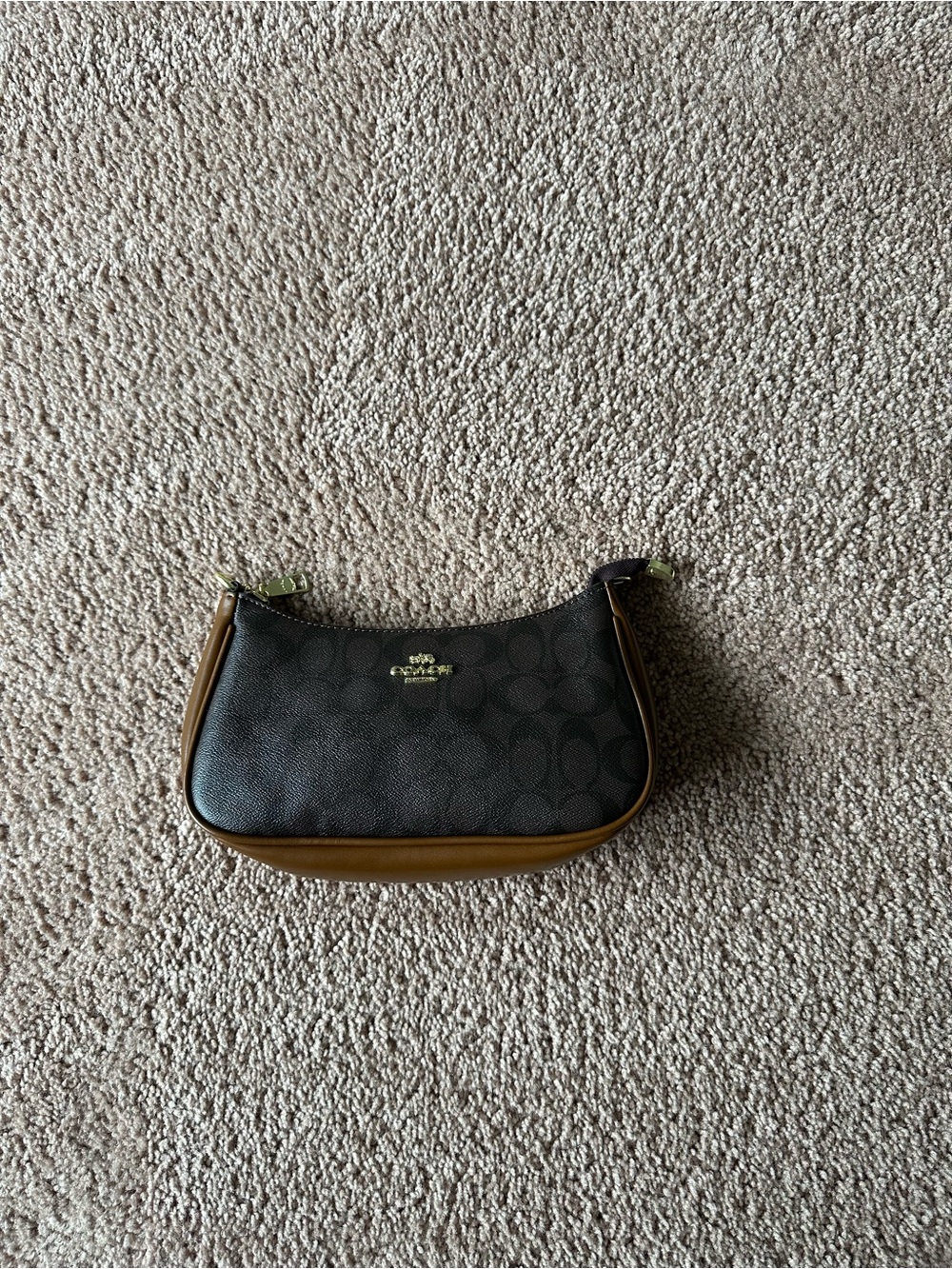 Coach Brown and Tan Signature Canvas Wristlet with Gold Hardware